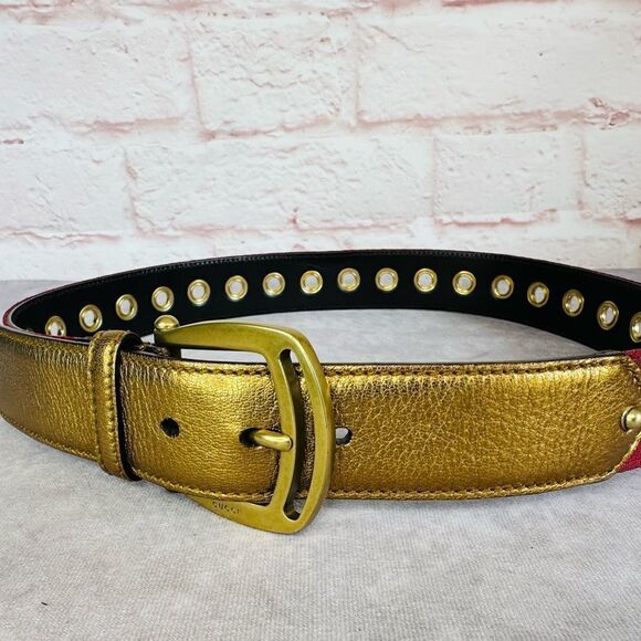Vintage Gucci Metallic Gold Web Grommet Belt 85/34 - Picture 3 of 11